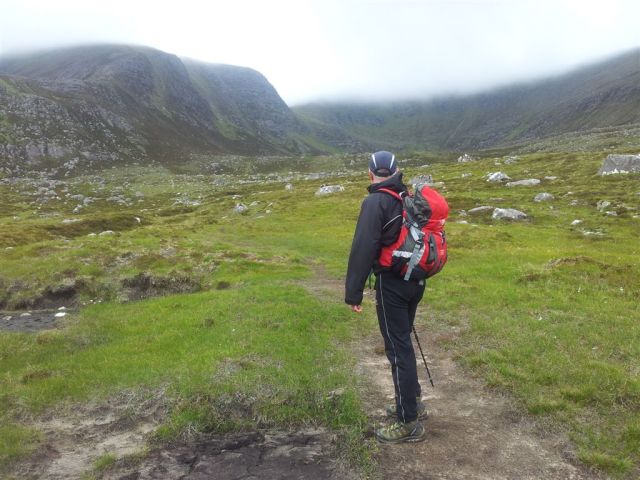 Looking back to Slioch summit from the path near the col entrance