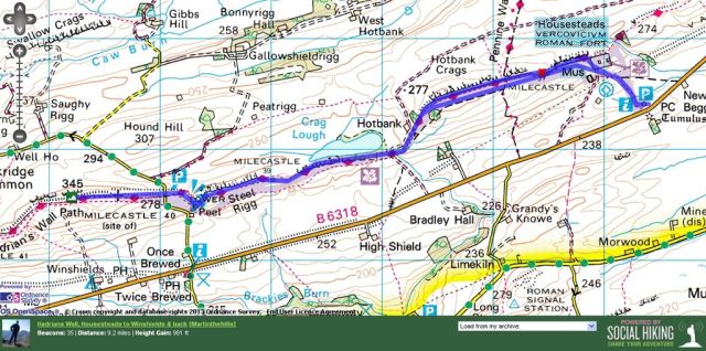 Housesteads to Winshield Crags Route Map Housesteads to Winshield Crags Route Map