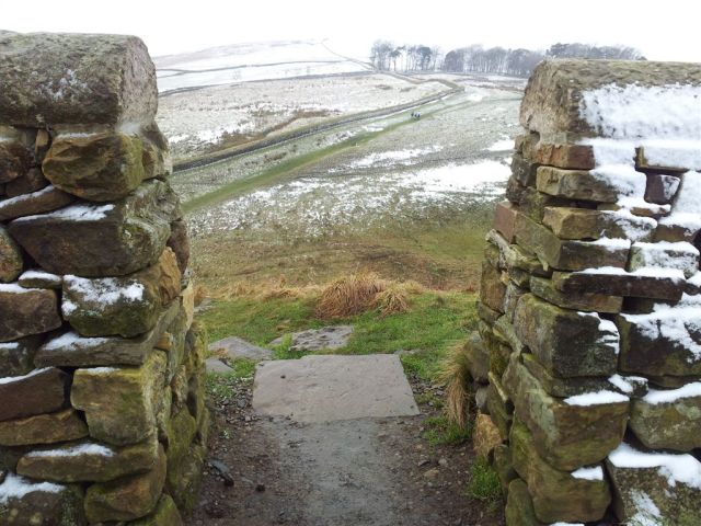Looking down to Steel Rigg with Winshields Crags up past the trees 20130210_115622