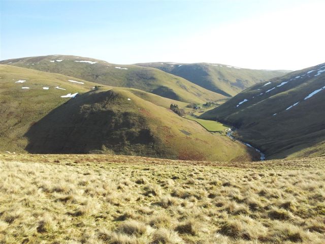 Descending from Shillhope, looking s east along the Usway Burn to The Castles & Batailshiel Farm 20130217_125612