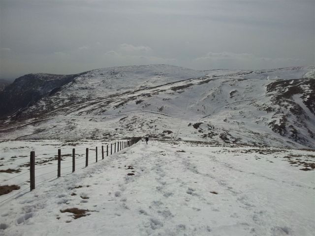 The route heads down to the head of the Gatesgarth pass then up diagonally right towards Harter The route heads down to the head of the Gatesgarth pass then up diagonally right towards Harter