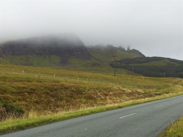 The Storr, with the Old Man shrouded in cloud. 
