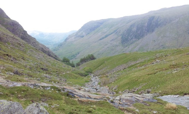 Heading down Styhead Gill on the western path to Taylorgill Force in the trees Heading down Styhead Gill on the western path to Taylorgill Force in the trees
