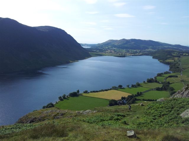 Descending Rannerdale with the road walk snaking back to the car