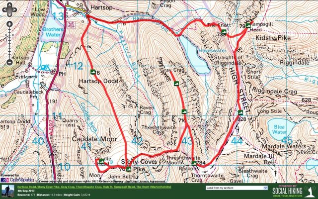 Hartsop Dodd, Stony Cove Pike, Gray Crag, Thornthwaite Crag, High St, Rampsgill Head and The Knott Route map