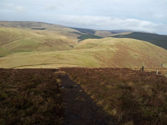Descending Shillhope with thw walk route ahead