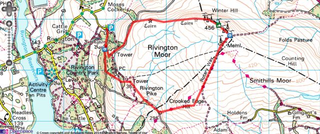 Rivington Pike and Winter Hill from Lower House - Route Map