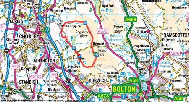 Chorley 3 Route, White Coppice, Great Hill, Winter Hill & Rivington Pike from Lower House