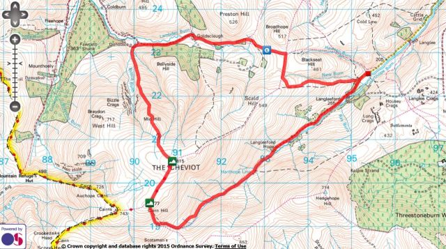 The Cheviot via the Bizzle from Langleeford Route Map